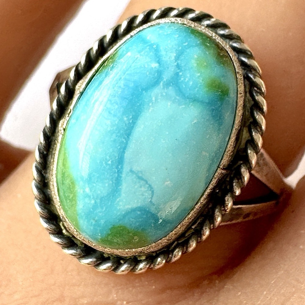 Navajo Turquoise Ring Sz 8 Sterling Oval Native American Handmade Henio